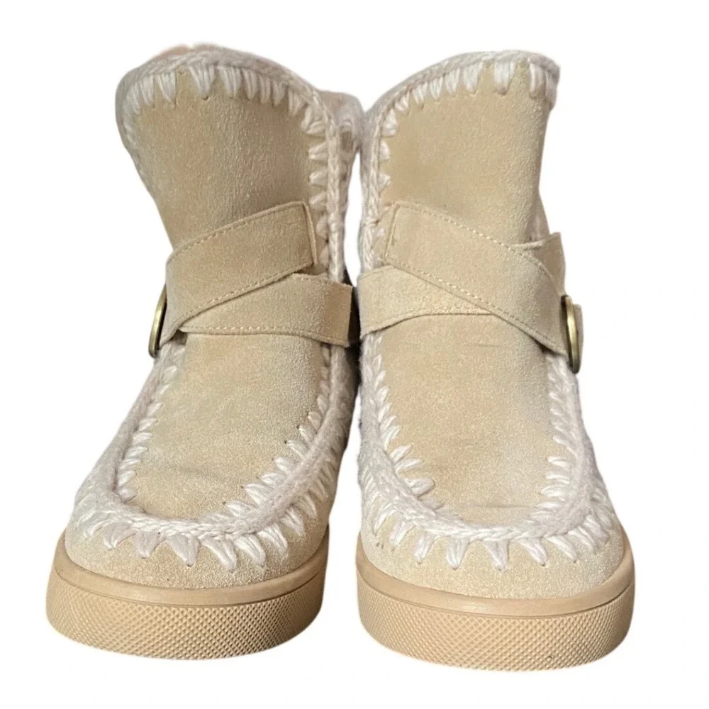 Blondo Anna Waterproof Suede Whipstitch Ankle Boots Beige Faux Fur Buckle Strap